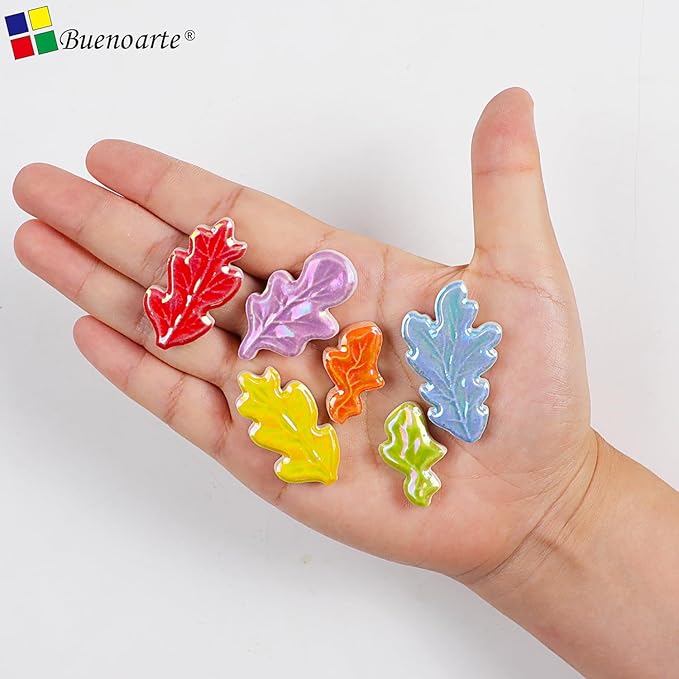 Mosaic Tiles for Crafts Bulk - Mini Ceramic Oak Leaves Pieces for DIY Kits & Adults DIY Mosaic Making Hobbies Decoration Stepping Stone and etc. (Iridescent Ceramic Tile Oak Leaves Mix)