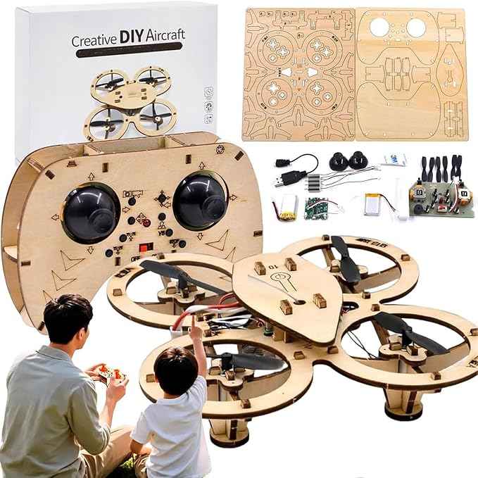 DIY Wooden Drone Model Kit, RC Wooden DIY Drone Model, Remote Control Mini Quadcopter, for Adults Creative Building Models, Gifts Suitable for Craft Lovers (1pc)