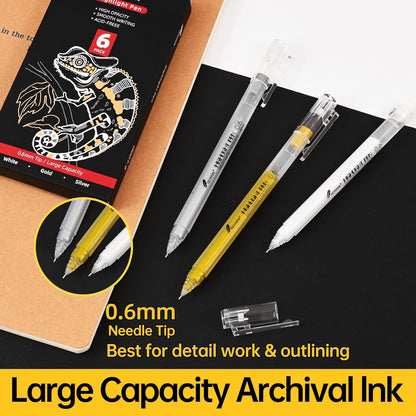 White Gold and Silver Gel Pen Set, 0.6mm Extra Fine Point Pens Gel Ink Pens Opaque Archival Ink Pens for Black Paper Drawing,Sketching,Card Making, Illustration, Bullet Journaling, 6 Pack