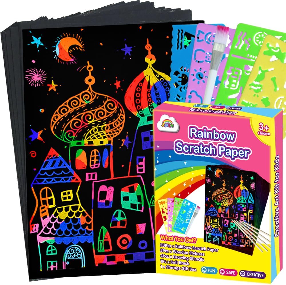 ZMLM Scratch Art Crafts Girls Gifts, 60 Rainbow Scratch Paper Art Gifts for 3 4 5 6 7 8 9 10 Years Old Girls and Boys Kids, Arts and Crafts for Kids 4-6 Birthday Toys and Games Activities Gift (Pink)