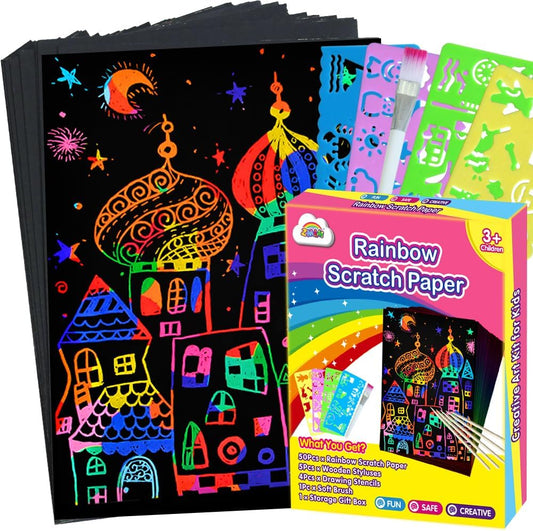 ZMLM Scratch Art Crafts Girls Gifts, 60 Rainbow Scratch Paper Art Gifts for 3 4 5 6 7 8 9 10 Years Old Girls and Boys Kids, Arts and Crafts for Kids 4-6 Birthday Toys and Games Activities Gift (Pink)