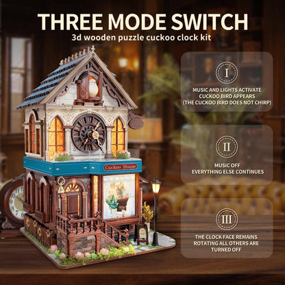 3D Wooden Puzzles - Miniature Cuckoo Clock House Kit, DIY Wooden Building Set for Adults and Teens, Mini Model Kit with 3-Mode Touch Switch - Cuckoo House (SQ-61)