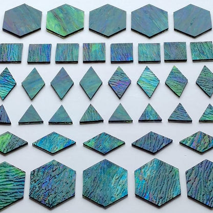 100pcs Stained Glass Mosaic Tiles - 1 Inch Each Side Dark Green & Blue Mixed Shapes (Triangle, Diamond, Square, Hexagon) for Crafts, Precut Glass Pieces, Mosaic Kits for Adults