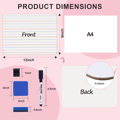 Set of 24 Dry Erase Boards, Double Sided Small Whiteboards with Lines for Kids, Students, Teacher & Classroom Pack, 9"x12" Mini Individual White Boards Lined for Writing with 24 Makers, 24 Erasers
