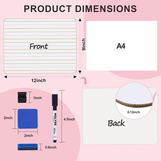 Set of 24 Dry Erase Boards, Double Sided Small Whiteboards with Lines for Kids, Students, Teacher & Classroom Pack, 9"x12" Mini Individual White Boards Lined for Writing with 24 Makers, 24 Erasers
