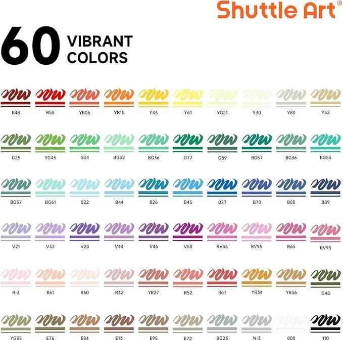 Shuttle Art Automatic Ink Control Acrylic Paint Markers, 60 Colors Brush Tip Acrylic Paint Pens for Rock Painting, Ceramic, Wood, Canvas, Glass, Stone, Fabric, Card Making, DIY Supplies, FlipFunAlong