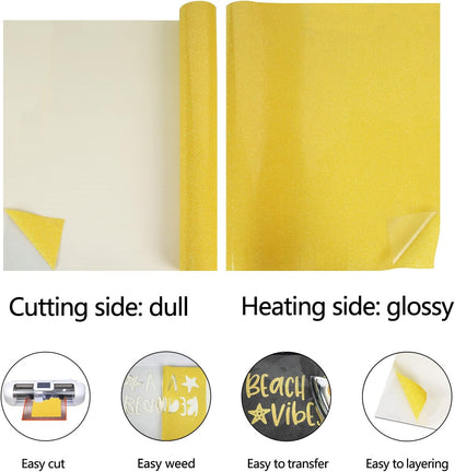 guangyintong Glow Glitter Gold Heat Transfer Vinyl HTV Rolls, 12" x 8ft Iron on Vinyl for T-Shirts, Glitter HTV Vinyl for All Cutter Machines Easy to Cut & Weed for DIY Design