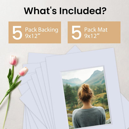 Falling in Art 5 Pack Acid Free 9x12'' White Picture Mats Board Show Kit for 6x8'' Photos, 4-Ply Beveled Pre-Cut Photo Mats with Backing Board for Frames, Artwork and Prints
