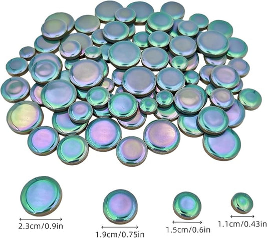 200g Iridescent Round Mosaic Tiles for Crafts Bulk, 11mm-23mm 4 Size Circular Mosaic Ceramic Pieces for Vases, Garden Decor, DIY Mosaic Making (Cyan)