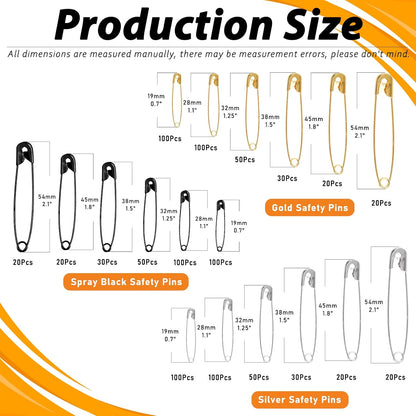 960Pcs Safety Pins Assorted 6 Sizes Variety Pack Large and Small Metal Safety Pin Gold Silver Black for Clothing Art Crafts Sewing Quilting Jewelry Making