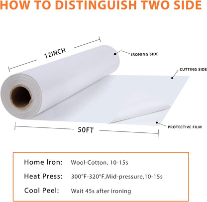 RENLITONG White Iron on Vinyl 12Inch by 50ft Roll HTV Heat Transfer Vinyl for T-Shirt HTV Rolls for All Cutter Machine - Easy to Cut & Weed for Heat Transfer Design