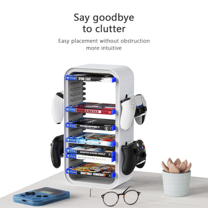 wigmoa OYO-1【15.8INCH】 game Storage Tower Compatible with PS5/ Xbox Series S & X/Switch, Universal Video Games Discs Organizers 18 PCS with 4 Controllers Holder, Game Disk Box Stand.(White/Blue)