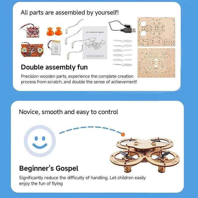 DIY Wooden RC Drone Kit for Beginners, Educational Flying Quadcopter Model, Remote Control Assembly, Creative Building Blocks Aircraft (1pcs)