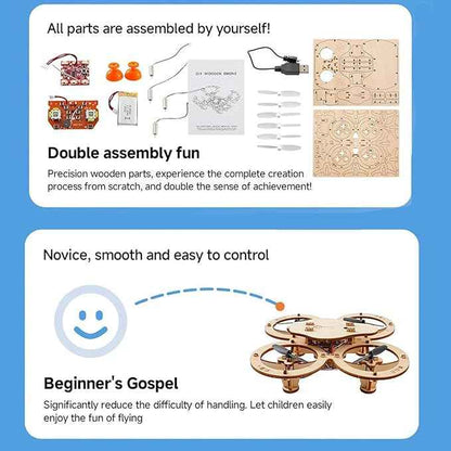 DIY Wooden RC Drone Kit for Beginners, Educational Flying Quadcopter Model, Remote Control Assembly, Creative Building Blocks Aircraft (1pcs)