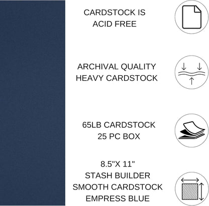 PA Paper Accents Stash Builder Cardstock 8.5" x 11" Empress Blue, 65lb Colored cardstock Paper for Card Making, Scrapbooking, Printing, Quilling and Crafts, 25 Piece Pack
