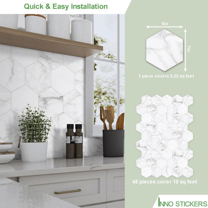 45-Sheet Hexagon Peel and Stick Backsplash, 6" x 7" White Calacatta Marble Looks Self Adhesive Wall Tile, Stone Composite Stick on Decorative Mosaic Tile for Kitchen Bathroom Fireplace