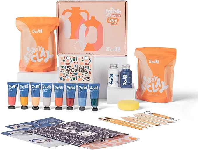 Sculpd - The Original Pottery Kit for Adults - Includes Air Dry Clay for Adults, Sculpting Tools, Varnish, Paint Brushes, Guides, Couples Date Night Arts & Crafts Set, Gloss Varnish with Earth Tones