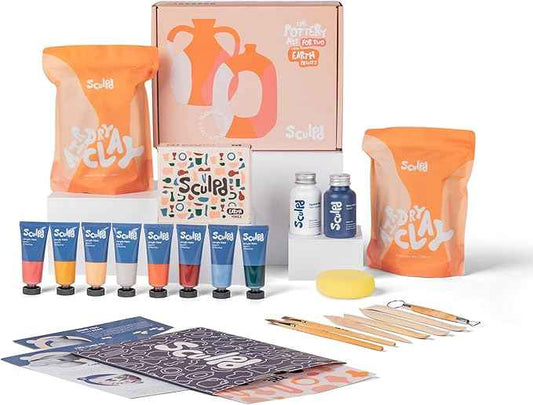 Sculpd - The Original Pottery Kit for Adults - Includes Air Dry Clay for Adults, Sculpting Tools, Varnish, Paint Brushes, Guides, Couples Date Night Arts & Crafts Set, Gloss Varnish with Earth Tones