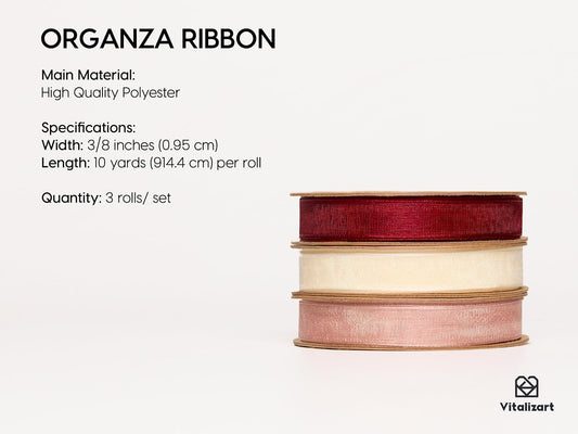 Vitalizart 3/8" x 30Yd Organza Ribbon Red Pink White Sheer Ribbons Set 10 Yd x 3 Rolls Handmade Eco-Friendly for Gift Wrapping Christmas Tree Crafts Bows Wedding Invitations Wreaths - Crafty Corner