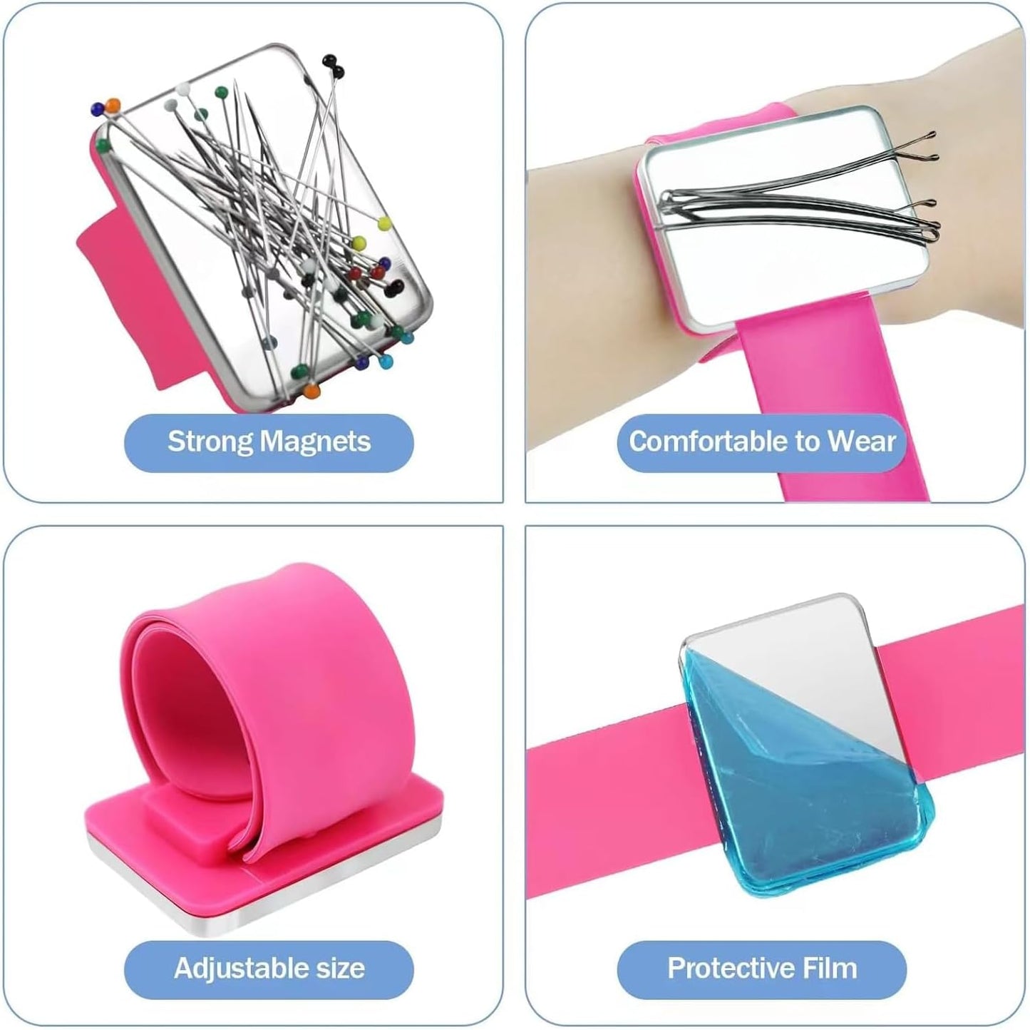 Hilltian Magnetic Pin Cushion Wrist with Pin Cushion for Sewing, Magnetic Pin Holder Wristband, Wooden Base Sewing Pincushion for Sewing Quilting