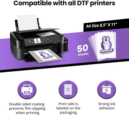 Vintalie DTF Transfer Film – A4 (8.5”x11”)50 Sheets Premium Matte Double Sided DTF Film PET Transfer Paper Direct to T Shirts