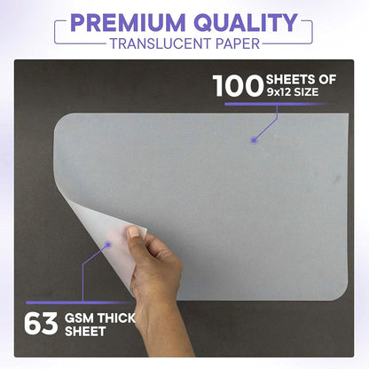 Tracing Paper 9x12 63 GSM - Pack of 100 Sheets Tracing Paper for Sewing Patterns, Drawing Overlays & Sketching on Art Paper & Sketch Book