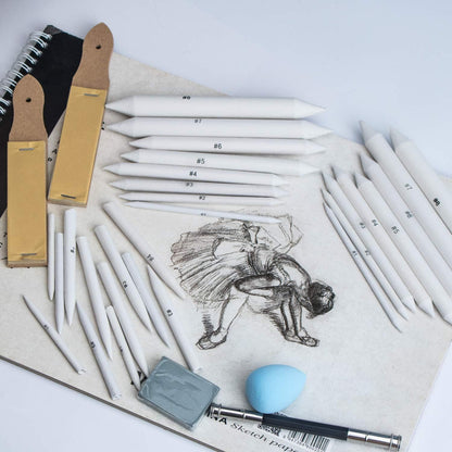 33 Pcs Blending Stumps and Tortillions Paper Art Blenders Drawing with Sandpaper Pencil Sharpener Extension Kneaded Eraser Rubbing Sponge for Student Artist Charcoal Sketch Drawing Tool