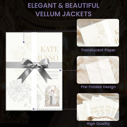 SuFly Pre-Folded Vellum Jackets for 5x7 Invitations, 90-Pack (60lb/93gsm) Translucent Vellum Paper 5x7 Sleeves, Invitation Jackets, Elegant Wedding Invitation Accessories, Envelope Liners, DIY Crafts.