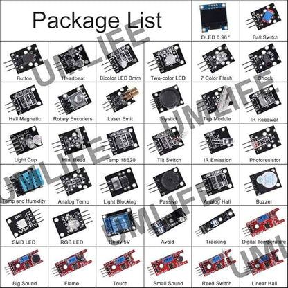 38 in 1 Sensor Module Kit Project Super Starter Kits for UNO R3 Mega2560 Mega328 Nano Raspberry Pi 3 2 Model B K62 37 in 1 Sensor Modules + 0.96‘’ 4PIN OLED Compatible for Arduino Raspberry