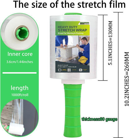 Mini Clear Stretch Wrap Film roll,5''x1000ft,4 Packs with 1 Plastic Handle,Self Adhering Industrial Plastic Wrap for Pallet Wrap,Heavy Duty Packaging,Moving,Transparent Shrink Wrap,80 Gauge