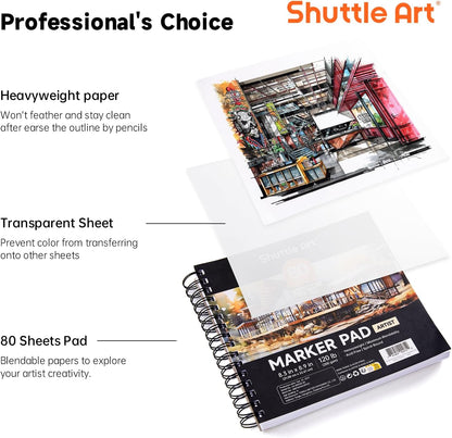 Shuttle Art Marker Pad, 8.3”x8.9” Portable Square Sketchbook, 80 Sheets Marker Drawing Paper, 120LB/200GSM Bleedproof Art Paper, Spiral-Bound, Great for Professional Artist to Draw, Paint & Sketch