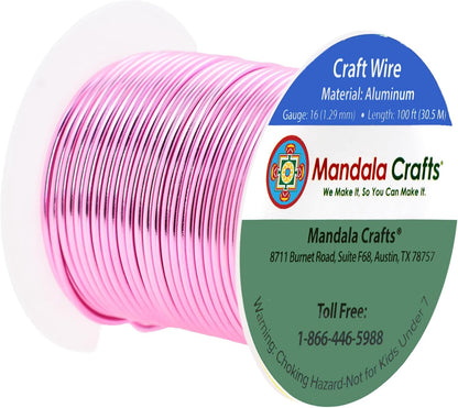 Mandala Crafts 16 Gauge Anodized Aluminum Craft Wire for Jewelry Making - 100 FT Colored Flexible Pink Wire - Bendable for Bonsai Armature Crafting Sculpting - Crafty Corner