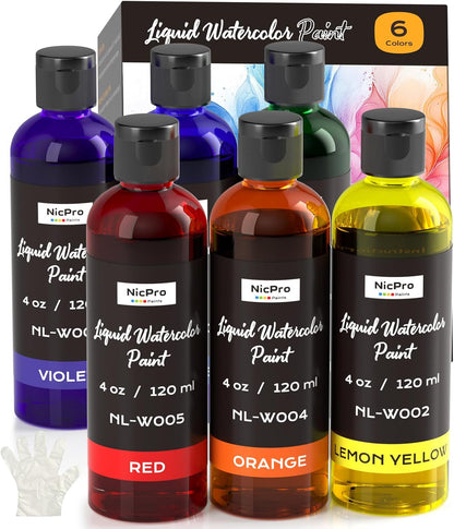 Nicpro 6 Colors Liquid Watercolor Paint Set, 4oz Liquid Watercolor Paint, Vibrant Colors & Non-Toxic Water Colors Painting Supplies for Art Activity, Craft DIY, Poster, School, Home, Classroom, Party