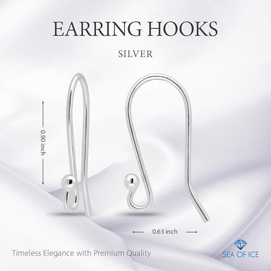 SEA OF ICE 925 Sterling Silver Ear Wires Ball End French Earring Hooks for Drop Dangle Earrings Jewellery Making, DIY Jewellery Findings Parts 20 Pcs/ 10 Pairs