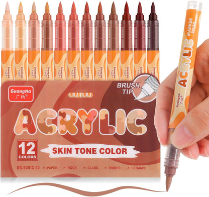 Guangna Acrylic Paint Markers 12 Colors, Skin Tone Series Set with Soft Brush Tip Water Based, Fine Tip Markers for Wood, Canvas, Rock Painting, Glass, Diy Crafts, Fabric Paint