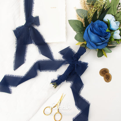 Ribbli Navy Chiffon Ribbon 1-1/2 inch x 20 Yard Handmade Fringe Chiffon Silk Ribbon,Navy Ribbon for Wrapping, Wedding Invitations, Bridal Bouquets, Home Decor - Crafty Corner