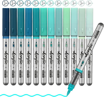 Mint Green Acrylic Paint Pens,12 Color Paint Pens Markers,Brush Tip Paint Pens for Rock Painting Wood Glass Ceramic Canvas Stone DIY Crafts Making Art Supplies