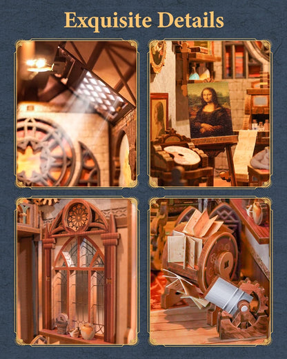 Tonecheer DIY Book Nook Kit for Adults, 3D Puzzle Wooden Miniature House Kit, Booknook Dollhouse Bookshelf Insert Decor Bookend with Dust Cover and LED Lights Gifts (Leonardo da Vinci)