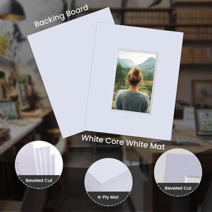 Falling in Art 5 Pack Acid Free 8x10'' White Picture Mats Board Show Kit for 4x6'' Photos, 4-Ply Beveled Pre-Cut Photo Mats with Backing Board for Frames, Artwork and Prints
