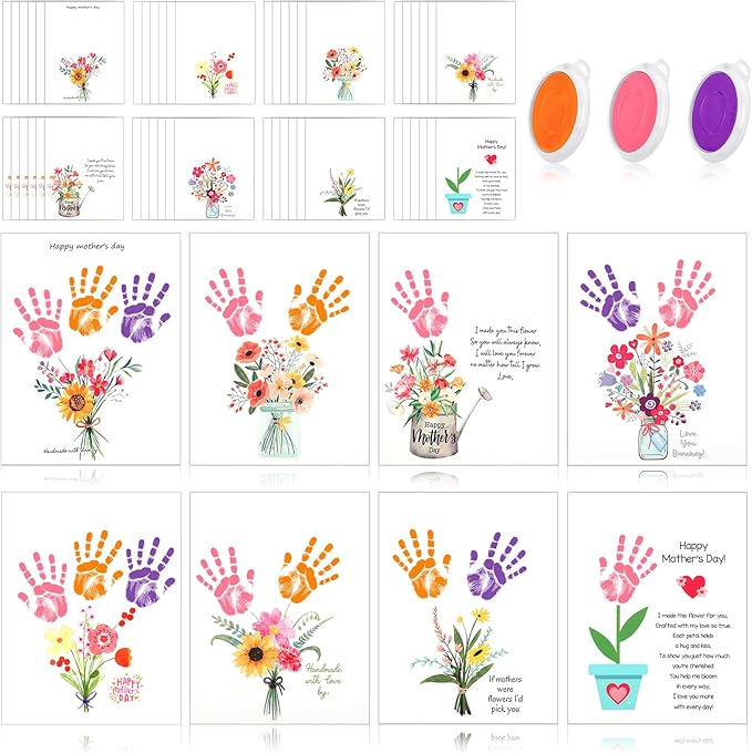 Beeveer 48 Sets Mother's Day Handprint Crafts DIY Religious Hand Keepsake Craft Gifts with Flower Stickers for Mom Dad Home Party Activities(Soft Colors)