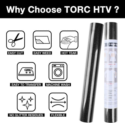 TORC Black Glitter HTV Heat Transfer Vinyl Roll 12 inch x 10 ft Iron on Vinyl for T Shirts Crafts