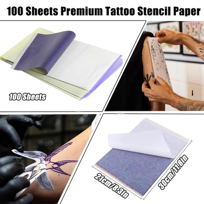 100 Sheets Tattoo Transfer Paper A4 Size Professional Thermal Stencil Paper for Artists, Dual Use with Copier or Hand Drawing, Cut-to-Fit Design