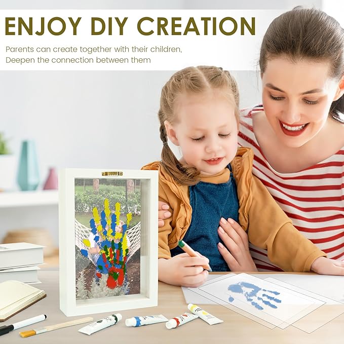 Family Handprint Kit, Family Handprint Photo Frame, Baby Hand and Footprint Handmade Keepsake Wooden Frame with 4 Non-Toxic Baby-Safe Paint, Hand print Art Craft DIY Kit for Home Mother's Day and more