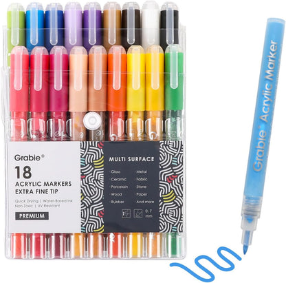 Grabie Acrylic Paint Pens Markers, 18 Colors, 0.7 mm, Extra Fine Tip Drawing Markers, Premium Paint Pens for Painting on Various Surface, Art Supplies