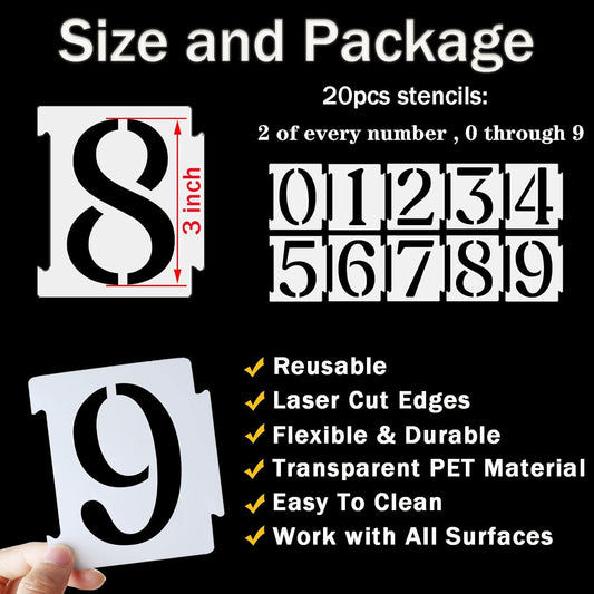 YEAJON 3 Inch Curb Stencil Kit 0-9 Address Number Stencils, 20Pcs Reusable 14 Mil Mylar Plastic Templates for Painting on Road, Wall, Wood, Mailbox