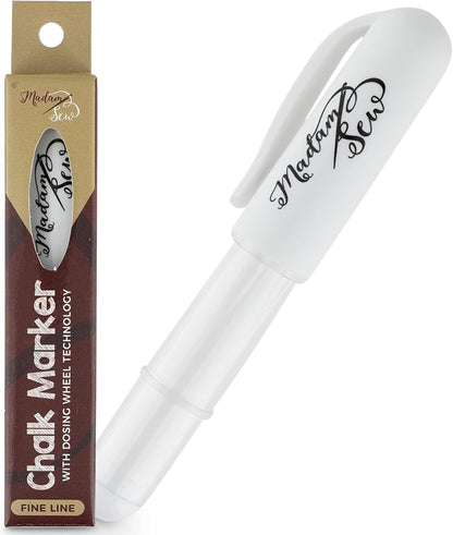 Madam Sew Fabric Chalk Markers for Sewing & Quilting | Refillable Tailors Chalk for Fabric Marking with Dosing Wheel | Ideal for Marking on Cotton, Knit, Suede (White)