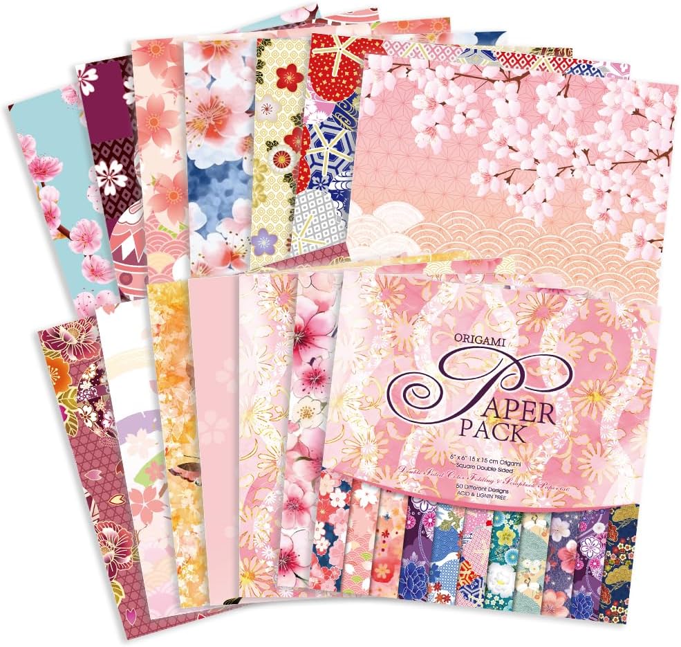 Origami Paper Kit 50 Sheets 70GSM 6 Inch Square Double Sided Color 50 Vivid Japanese Washi Chiyo Colors for Hand Crafts Origami Paper Arts Creativity.Japanese Sakuras - Crafty Corner