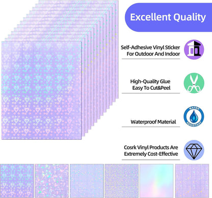 36 Sheets Holographic Sticker Paper, Clear Vinyl Lamination Sticker Film Self Adhesive, Transparent Overlay Laminate Sticker Paper Waterproof-Gem/Dots/Sand Star/Rainbow/Star/Heart, 8.5x11 Inch