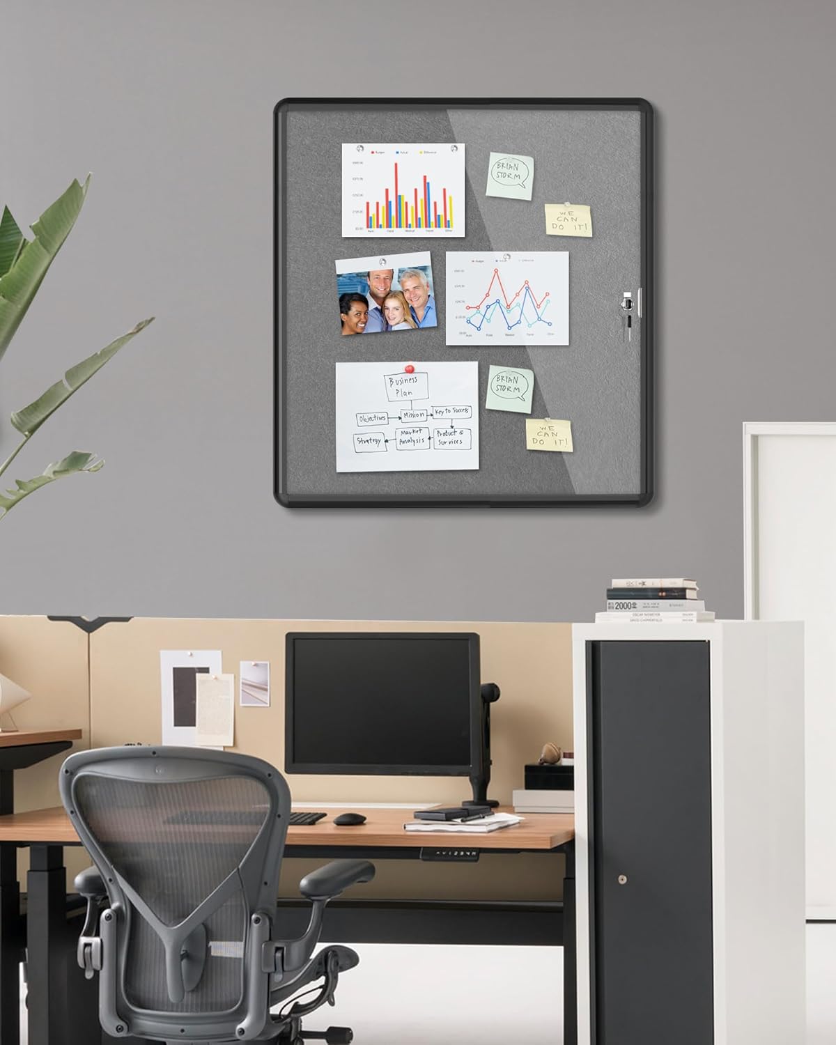 28"x26" Enclosed Bulletin Board, Lockable Weather-Resistant Aluminum Cork Noticeboard for School & Office, Black Frame w/Grey Flet
