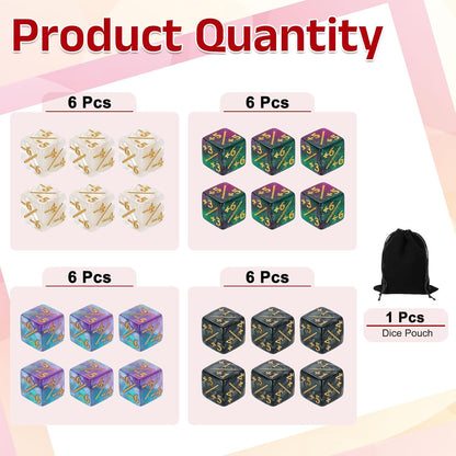 uxcell 24Pcs Magic Dice Counters, Acrylic D6 Life Token Dice Set with Pouch for Standard Cards Gaming Accessories, White Marble, Black Marble, Green & Purple, Blue & Purple